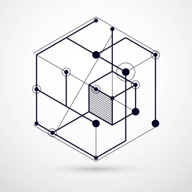 Mekanik şema, 3 boyutlu küp ve geometrik elementlerle siyah beyaz vektör mühendisliği çizimi. Bal peteklerinden yapılmış mühendislik teknolojisi duvar kağıdı..