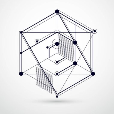 Modern soyut kübik kafes çizgilerinin siyah beyaz arka plan vektörü. Küpler, altıgenler, kareler, dikdörtgenler ve farklı soyut elementlerin yerleşimi. Soyut teknik 3B arkaplan.