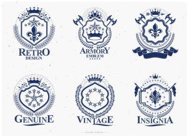 Retro vintage Insignia 'lar. Vektör tasarım elemanları. Arms koleksiyonu, vektör seti.