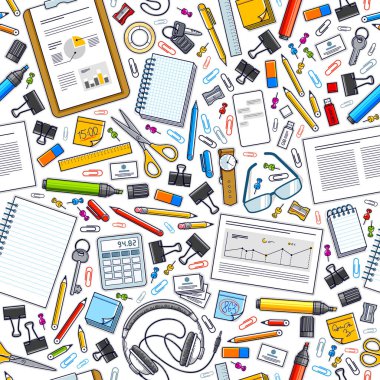 Çalışma masası üst görünümü bir çok farklı kırtasiye elemanı ile dikişsiz vektör duvar kağıdı, iş temalı resim çeşitlilik nesneleri resimleriyle.