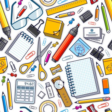 Çalışma masası üst görünümü bir çok farklı kırtasiye elemanı ile dikişsiz vektör duvar kağıdı, iş temalı resim çeşitlilik nesneleri resimleriyle.