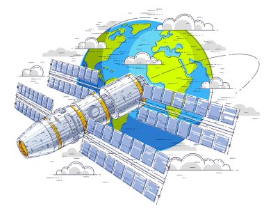 Uzay istasyonu Dünya 'nın yörüngesinde uçan uzay aracı, güneş panelleri ve yapay uydularla donatılmış uzay gemisi. İnce çizgi 3d vektör çizimi.