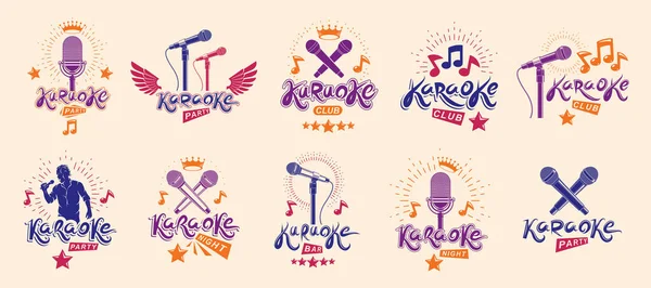 Logotipos Emblemas Karaoke Conjunto Vectorial Micrófonos Notas Musicales Fiesta Canto — Vector de stock