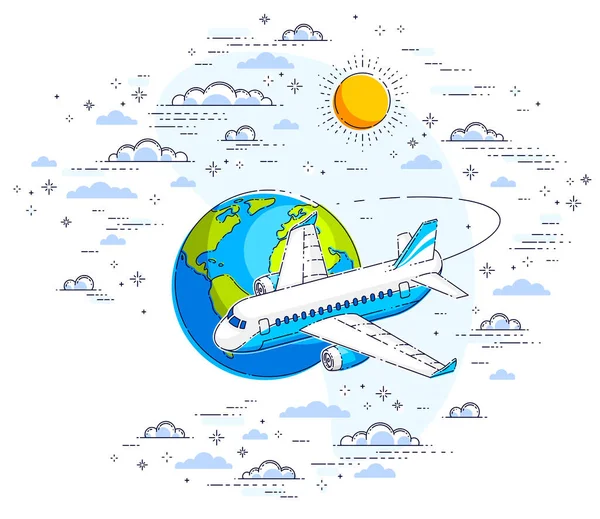 飛行機の旅客機と雲に囲まれた空の惑星の地球と航空会社の航空旅行のイラスト 白い背景の上に隔離された美しい細い線ベクトル — ストックベクタ