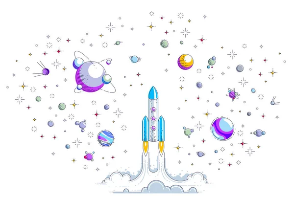 Rocket Start Space Explore Undiscovered Galaxy Surrounded Fantastic Planets Stars — Stock Vector
