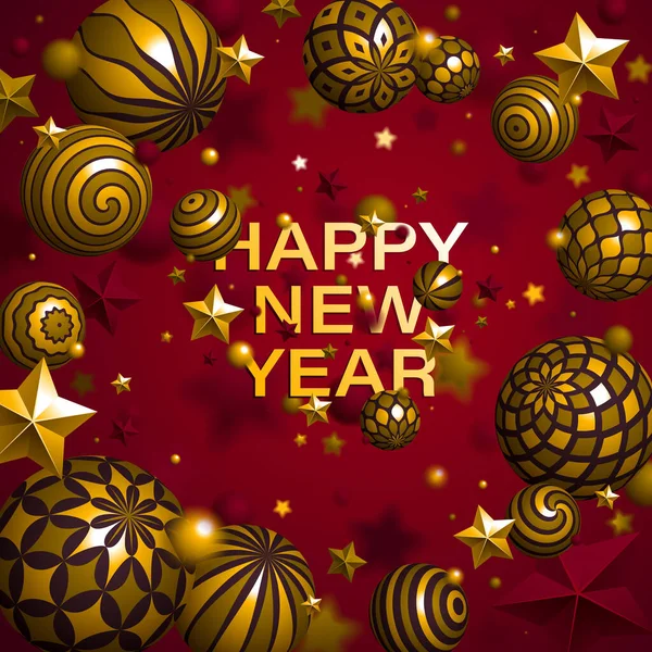 Happy New Year Wenskaart Met Glanzende Realistische Ballen Vliegende Vector — Stockvector