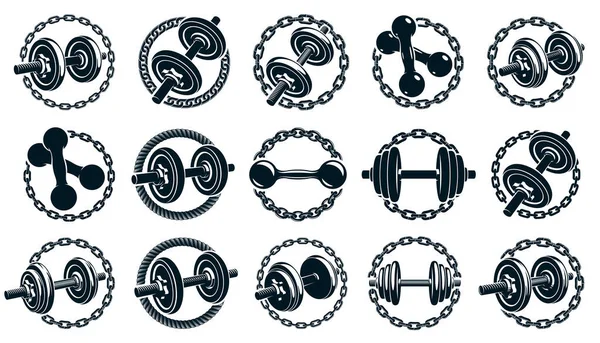 Gym Fitness Sport Emblèmes Logos Ensemble Vectoriel Isolé Avec Haltères — Image vectorielle