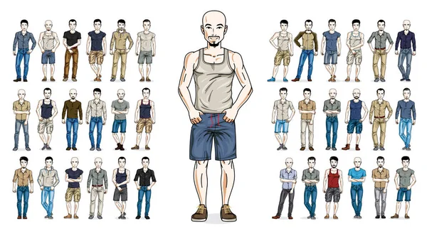 Homens Bonitos Desgaste Casual Posando Vetor Ilustrações Grande Conjunto Isolado — Vetor de Stock