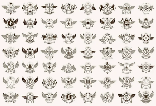 Класичний Стиль Емблеми Великий Набір Стародавні Геральдичні Символи Нагороди Колекція — стоковий вектор