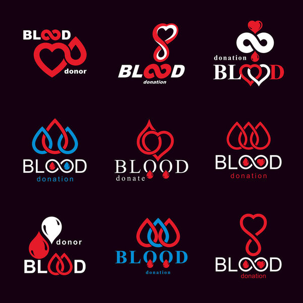 Vector blood donation conceptual illustrations collection. Healthcare and medical treatment concepts for use in pharmaceutical business.