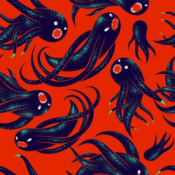 Monstruos Terror Miedo Patrón Textil Vector Sin Costuras Bestias Criaturas — Archivo Imágenes Vectoriales