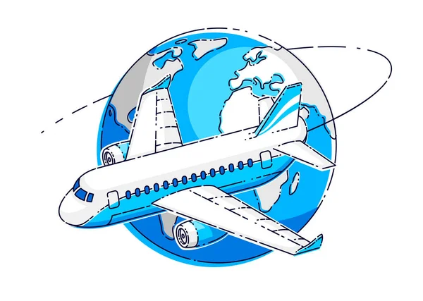 Αερογραμμές Έμβλημα Αεροπορικού Ταξιδιού Εικονογράφηση Αεροπλάνο Και Τον Πλανήτη Όμορφη — Διανυσματικό Αρχείο