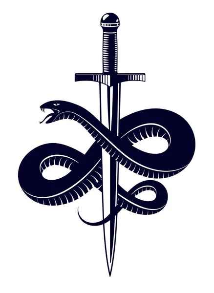 ヘビと短剣 蛇は剣ベクトルヴィンテージタトゥー ローマの神マーキュリー 運とトリッキーな 寓意的なロゴや古代のシンボルのエンブレムの周りにラップ — ストックベクタ