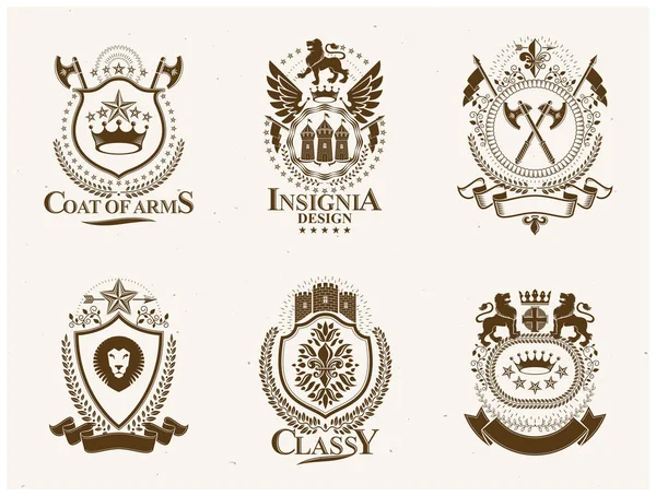 Heraldische Wapen Decoratieve Emblemen Geïsoleerde Vector Illustraties Vintage Design Elementen — Stockvector
