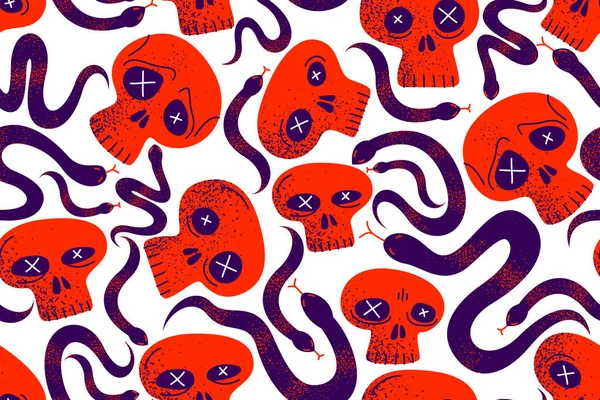 Skulls Snakes Seamless Textile Pattern Horror Sculls Serpents Endless Wallpaper — Stock Vector