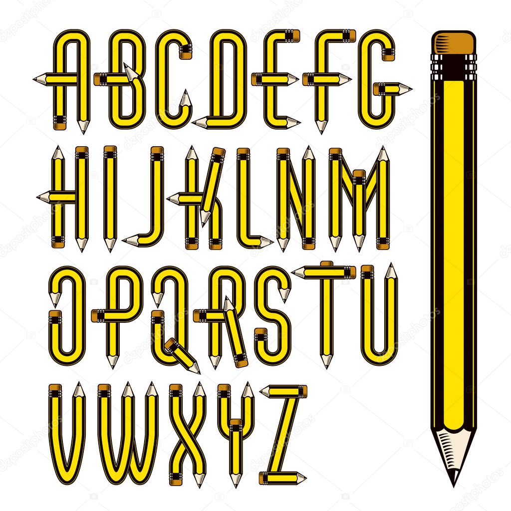 Vector upper case English alphabet letters collection constructed with sharp pencils, office tools design. Can be used in poster design as magazine advertising.