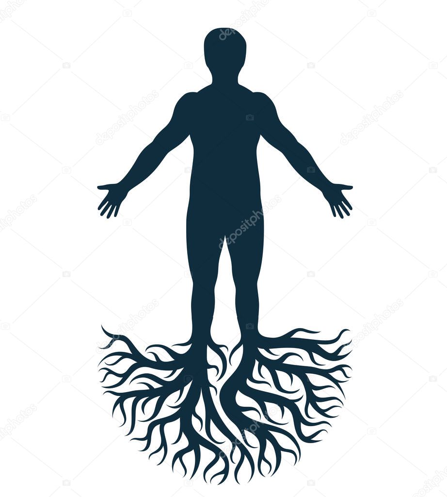 Vector art graphic illustration of strong male, body silhouette created using tree roots. Slavic ancient pagan god metaphor.