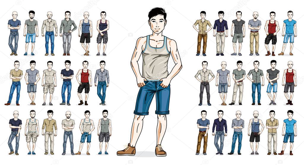 Men in casual wear vector illustrations big set isolated on white background, attractive and handsome males in full body length standing and posing, gorgeous people drawings collection. 
