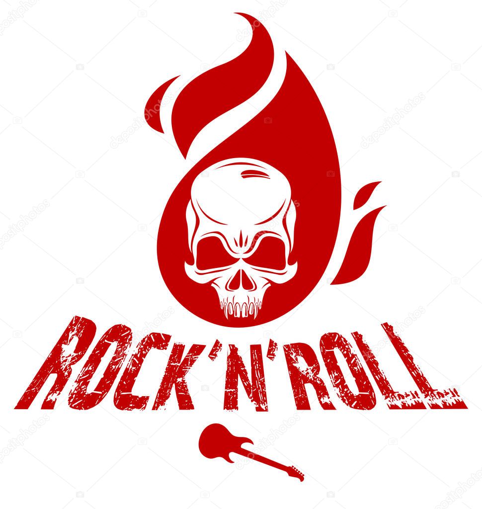 Skull on fire Rock and Roll vector logo or emblem, aggressive skull dead head in flames Hard Rock label, Punk music festival concert or club, musical instruments shop or recording studio.
