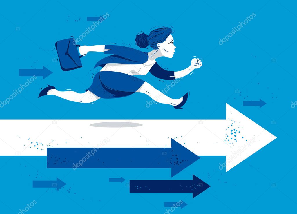 Business woman run and hurry on arrows symbolizes career competition motivation vector illustration, funny comic cute cartoon businesswoman worker or employee in a rush to success.
