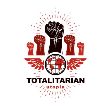 Kızgın insanların kanatlı yumrukları vektör amblemi. Güç ve otorite kavramsal illüstrasyon, uyumsuz fikir.