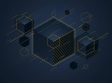 Soyut vektör tasarımı, altın elementler vektör arka planına sahip siyah 3D küplerden oluşan küme, modern mücevher reklamı için kraliyet elit lüks geometrik çizimi kullanılabilir..
