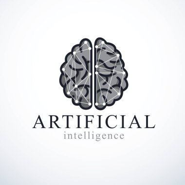 Yapay zeka konsept vektör logosu tasarımı. Elektronik teknoloji elementleri ikonu olan insan anatomik beyni. Akıllı yazılım, akıllı makineler ve bilgisayar programları hakkındaki fütüristik fikir.