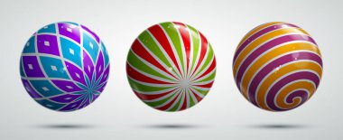 Soyut vektör gerçekçi küreler seti, desenlerle süslenmiş güzel festival topları koleksiyonu, grafik tasarım elementleri.