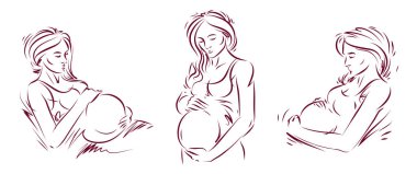 Hamilelik ve annelik temalı vektör çizimleri hamile kadın çizimlerini beyaz arka planda izole etti. Doğum öncesi hamile güzel kadın teması..