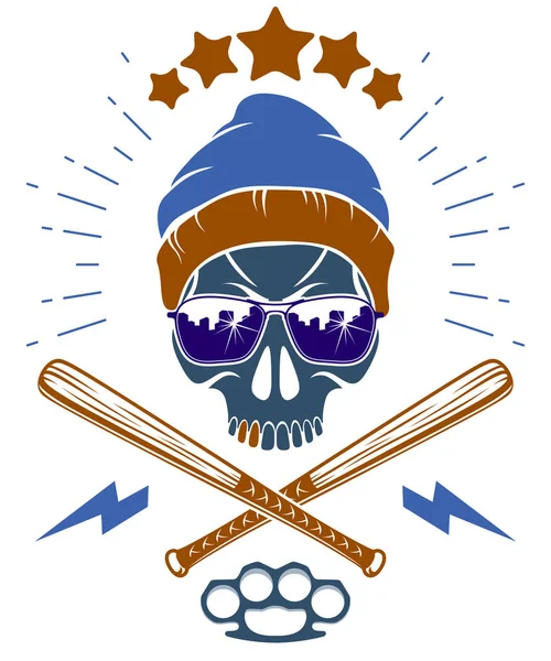 Brutális Gengszter Embléma Vagy Logó Agresszív Koponya Baseball Denevérek Tervezési — Stock Vector