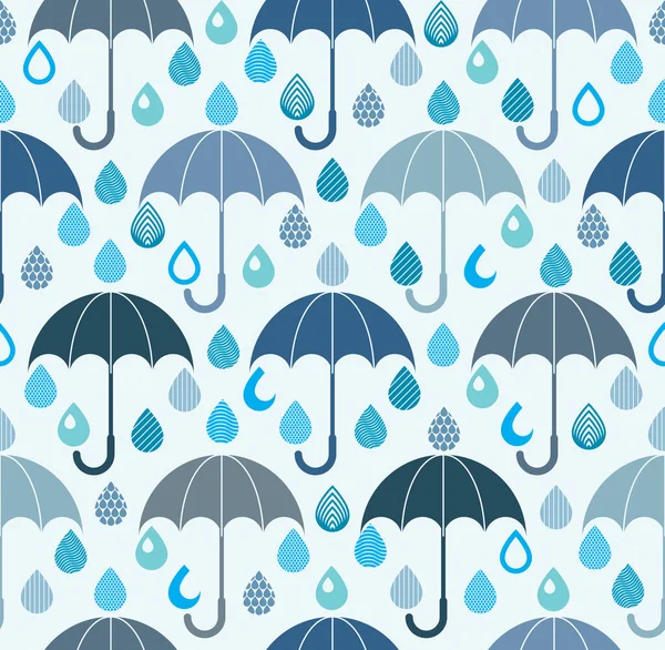 Rain Drops Umbrellas Seamless Pattern Weather Nature Motif Vector Blue — Stock Vector