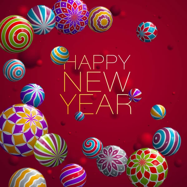 幸せな新年の挨拶カード光沢のある現実的なボールがベクトルデザインを飛んで 冬の休日の要素を背景に 喜びとお祝いパーティー招待状 — ストックベクタ