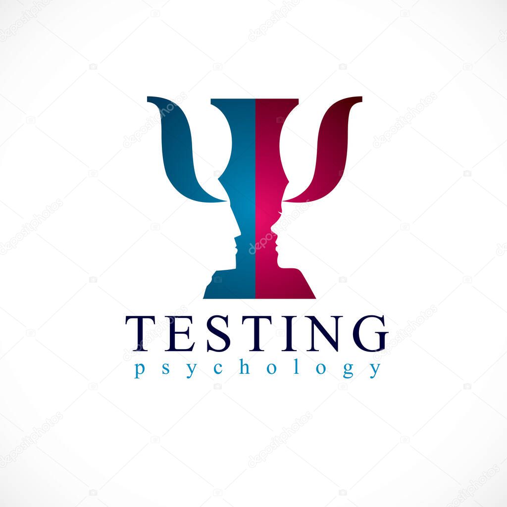 Psychology conceptual logo or icon created with man and woman face profiles in a shape of Greek Psi symbol, vector design.