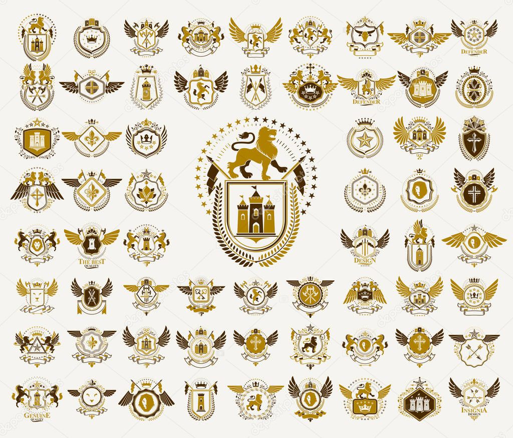 Heraldic Coat of Arms vector big set, vintage antique heraldic badges and awards collection, symbols in classic style design elements, family or business logos.