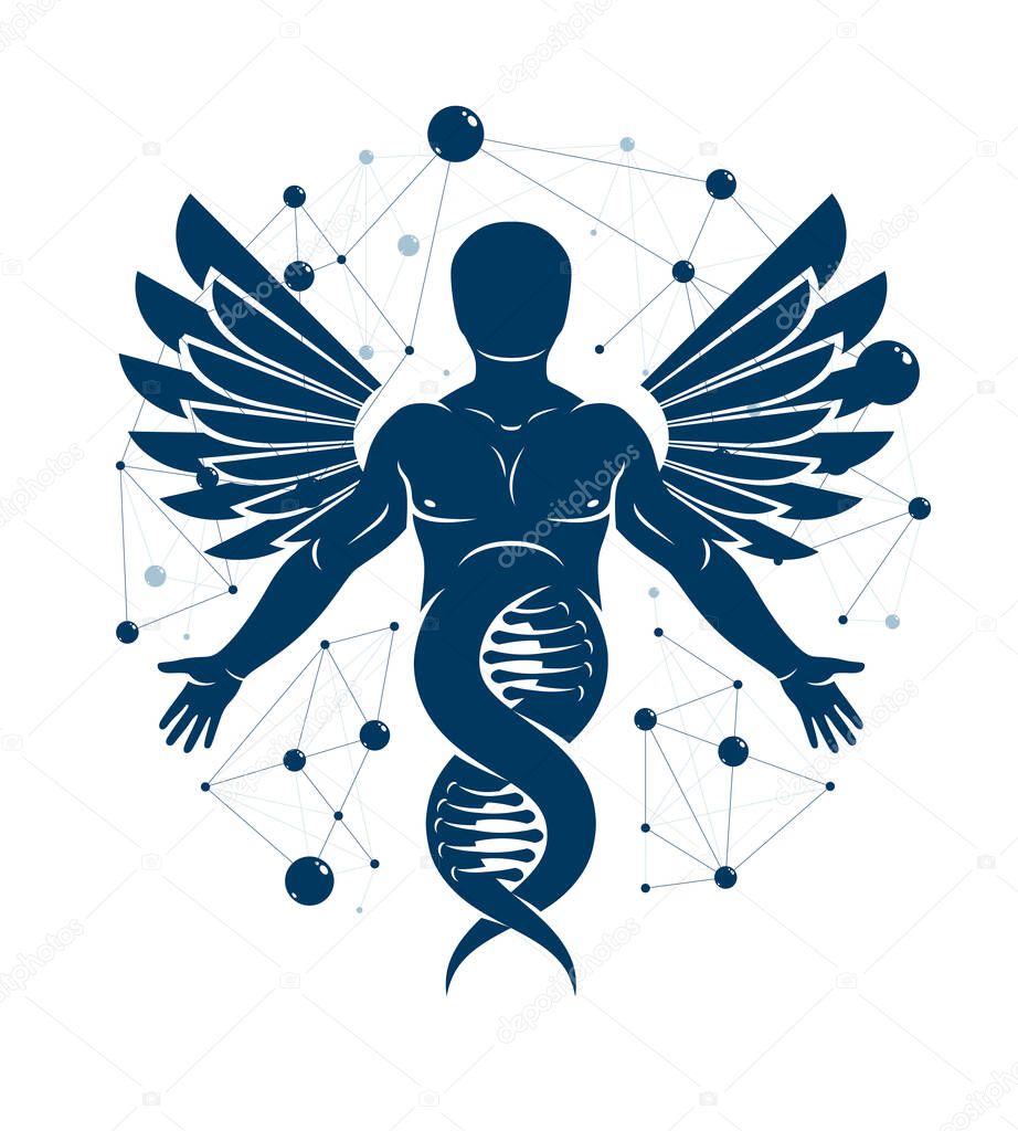 Vector illustration of strong male made as DNA symbol continuation and created with bird wings. Molecular genetics.