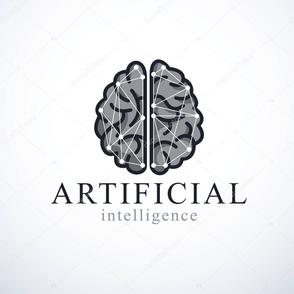 Artificial intelligence concept vector logo design. Human anatomical brain with electronics technology elements icon. Smart software, futuristic idea of intelligent machines and computer programs.