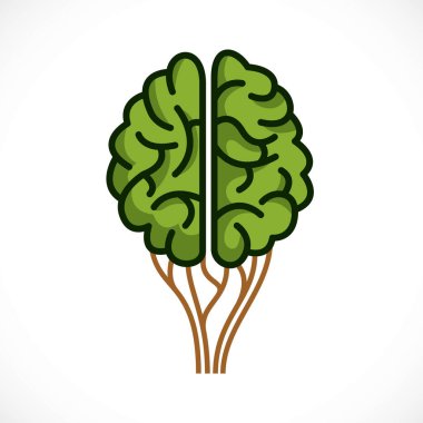 Ruh sağlığı ve psikoloji konsepti, vektör ikonu veya logo tasarımı. Yeşil, sağlıklı ağaç şeklindeki insan anatomik beyni, kişilik ve bireyselliğin doruk noktası ve gelişimi.