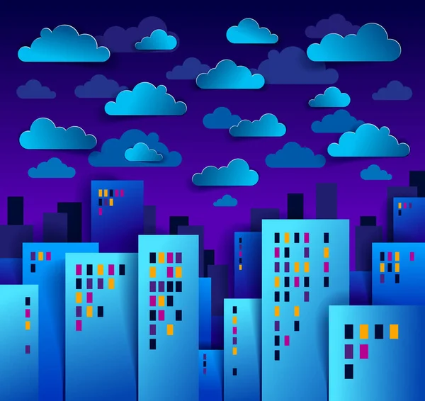 Gece Vakti Şehir Manzarası Gökyüzünde Bulutlar Karikatür Vektör Çizimi Çocuk — Stok Vektör