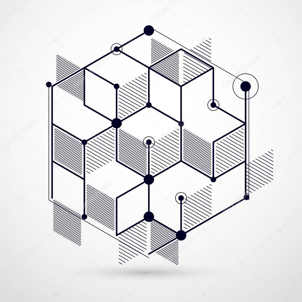 Vector of abstract geometric 3D cube pattern and black and white background. Layout of cubes, hexagons, squares, rectangles and different abstract elements.