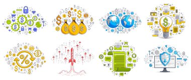 Farklı işletme parası ve finans kavramları vektör illüstrasyonları seti, modaya uygun tasarım çizimleri ticari tema koleksiyonu, birçok simge ve sembol dahil olmak üzere ayrı olarak kullanılabilir, elementler ayrı olarak kullanılabilir.
