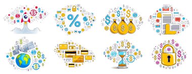İş ve finans teması birçok basit simge, moda tasarım çizimleri ticari tema koleksiyonu, sembol ve işaret çeşitliliği ile farklı vektör illüstrasyonları.