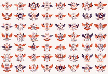 Klasik tarz amblemleri büyük set, antik hanedan sembolleri ödüller ve etiketler koleksiyonu, klasik habercilik tasarım unsurları, aile veya iş amblemleri.