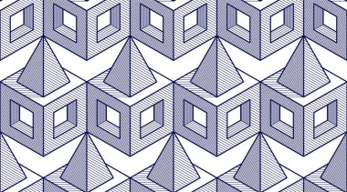 Geometrik küpler soyut dikişsiz desen, üç boyutlu vektör arkaplan. Teknoloji stili mühendislik çizgisi sonsuz çizimler yapıyor. Tek renk, siyah ve beyaz. Kumaş, duvar kağıdı, ambalaj, ağ ve baskı için kullanılabilir.