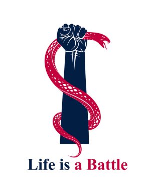 El yılanı sıkar, şeytana ve şeytana karşı savaşır, içindeki hayvanı kontrol eder, prototip gölge, hayat bir dövüş konseptidir, klasik vektör logosu ya da dövmedir..