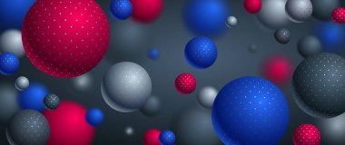 Soyut noktalı küreler vektör arkaplanı, noktalarla süslenmiş uçan topların bileşimi, 3 boyutlu karışık gerçekçi küreler, gerçekçi alan etkisi derinliği.