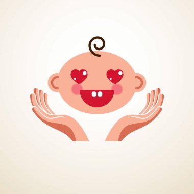 Sevimli bebek çizgi filmi vektör düz ikon, sevimli mutlu ve gülümseyen çocuk emojisi. Anne ya da dadı şefkatli elleriyle.