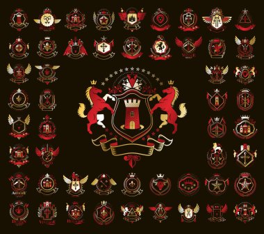 Heraldic Coat of Arms vektör seti, antika heraldik rozetler ve ödüller koleksiyonu, klasik tarz tasarım unsurları, aile veya iş logoları sembolleri.