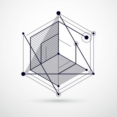 Soyut modern retro siyah-beyaz arka plan, geometrik fütüristik şekiller vektör illüstrasyonu. Motor veya mühendislik mekanizmasının soyut şeması.