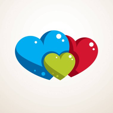 Farklı boyutlarda üç renkli kalbi olan mutlu aile vektör logosu ya da simgesi. Baba, anne ve çocuğun şefkatli ve sevgi dolu ilişkileri. Tek bir ilişki sistemi olarak..