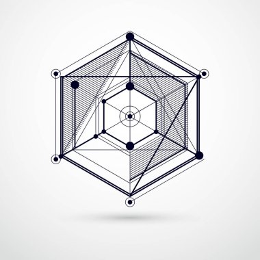 Moda geometrik vektör şablonu, desenli soyut küp örgü siyah ve beyaz zemin. Teknik plan, grafik ve web tasarımı için soyut mühendislik taslağı.